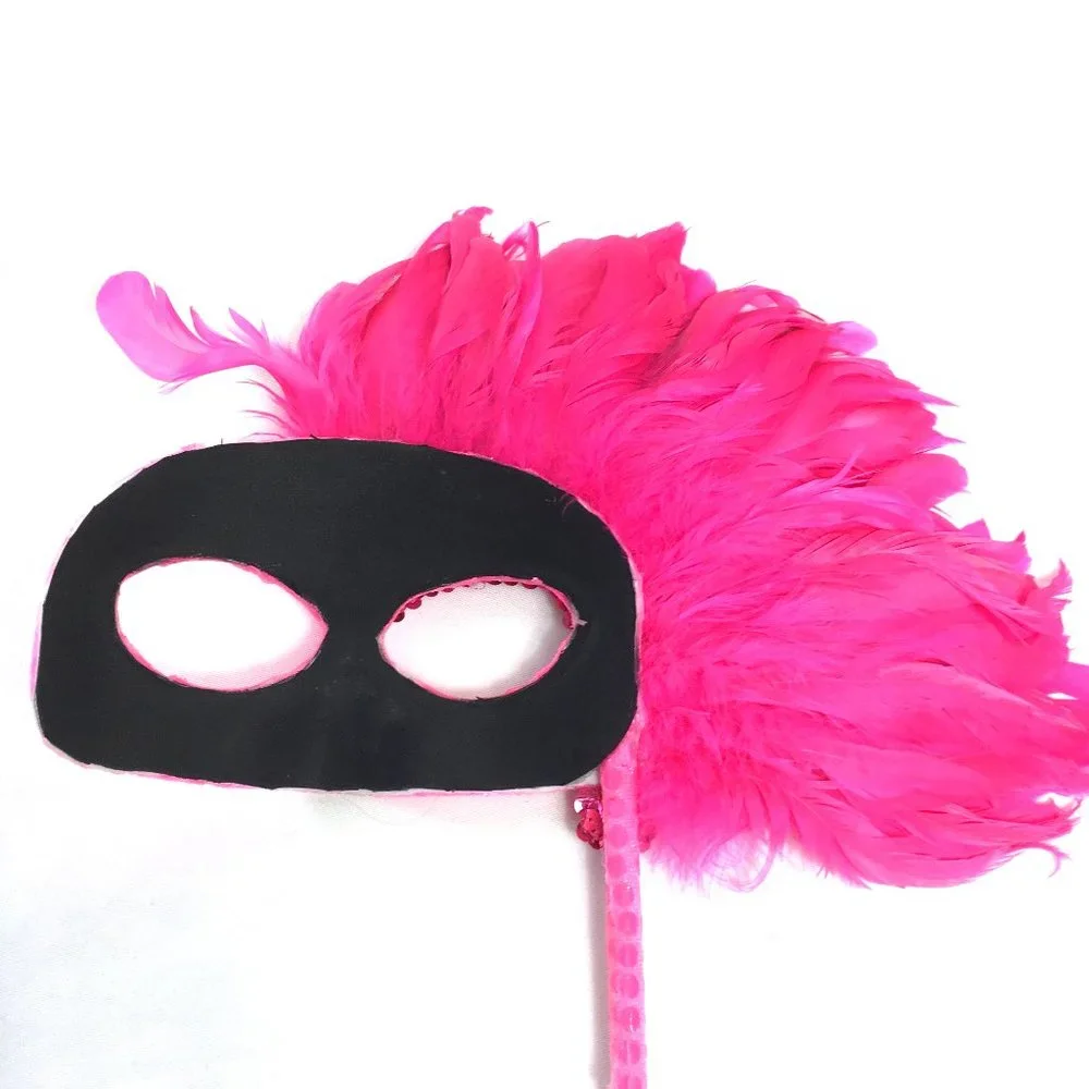 VENETIAN Mask Pink Sequin w Pink Feathers W/ Handle * NWOT NOS